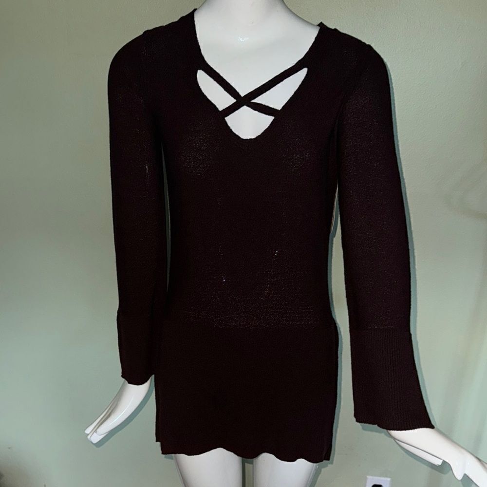 Free People Mocha brown bell sleeve slit side sweater